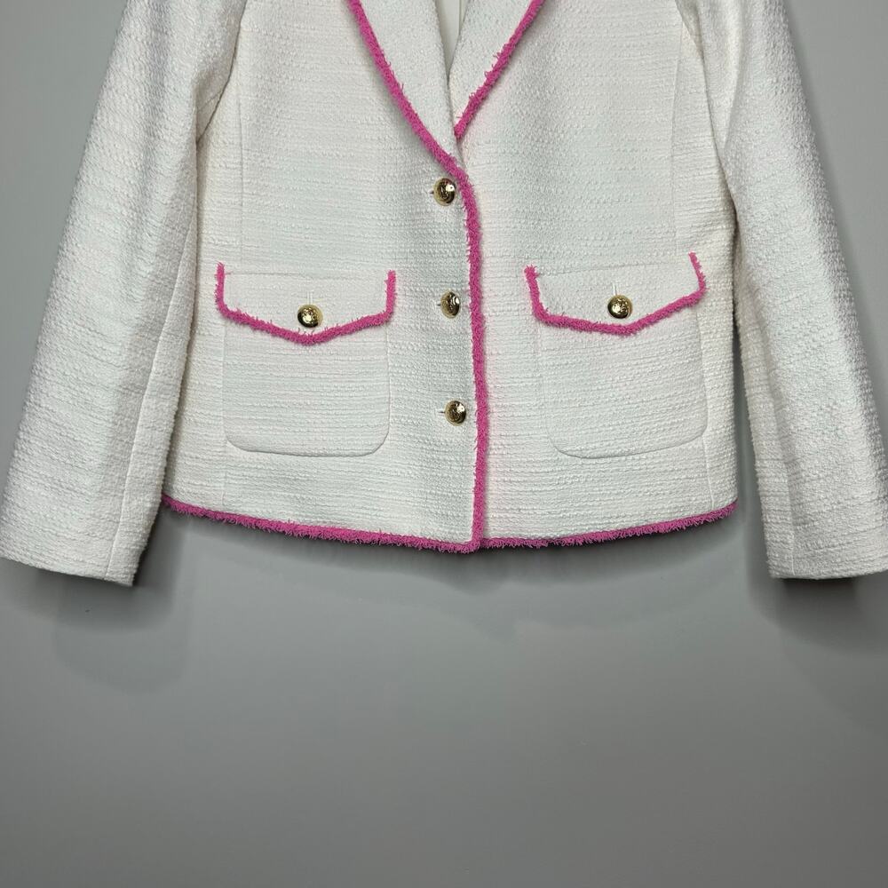 Talbots Cream Tweed Blazer Jacket Size 10 Pink Trim Preppy - Picture 4 of 10